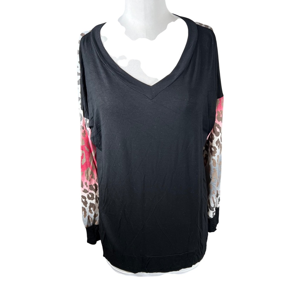 Sew In Love Womens Black Leopard Ombre V-Neck Long Sleeve Top XL NWOT